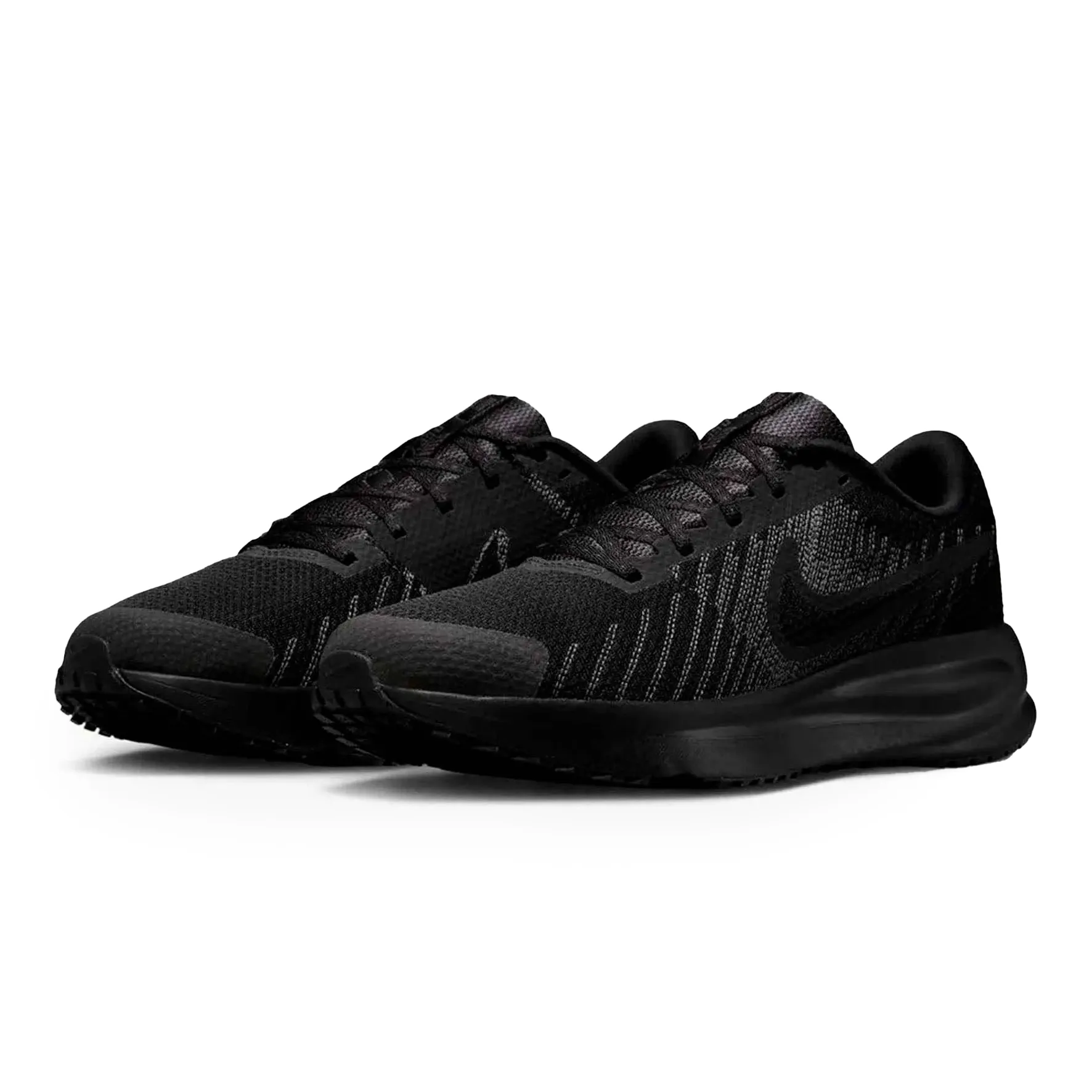 Vista lateral frontal do tênis masculino Nike Run Defy preto mostrando design esportivo e solado antiderrapante